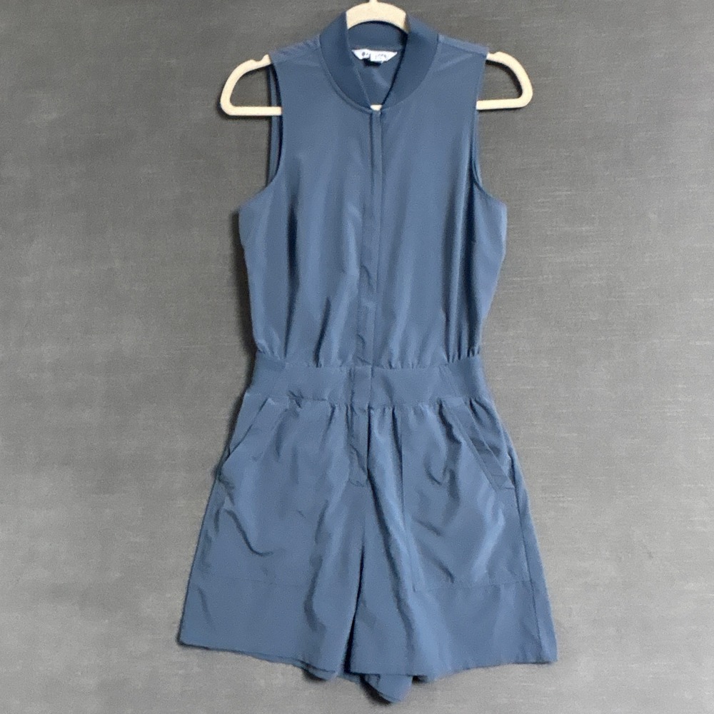 Athleta Brooklyn Utility Romper 6 Tall Blue Sleeveless Pockets Zip Front Active